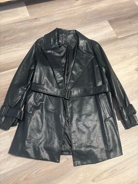 SHEIN Black Faux Leather Belted Trench Coat